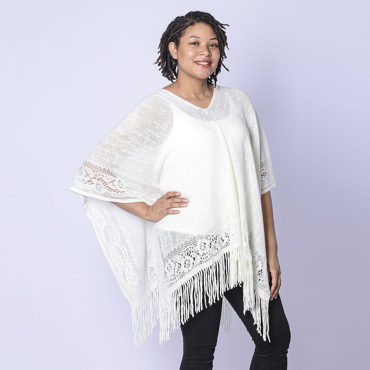 Spring Collection - Solid Cream Colour Hollow Out Poncho with Tassel (Free Size; Length 60Cm)