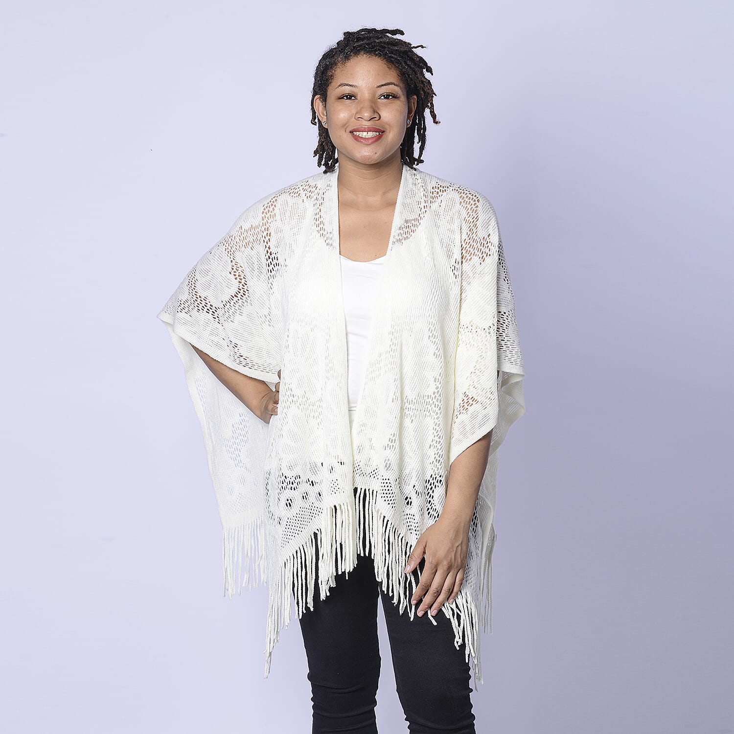 Spring Collection - Solid Cream Colour Hollow Out Poncho with Tassel (Free Size; Length 60Cm)