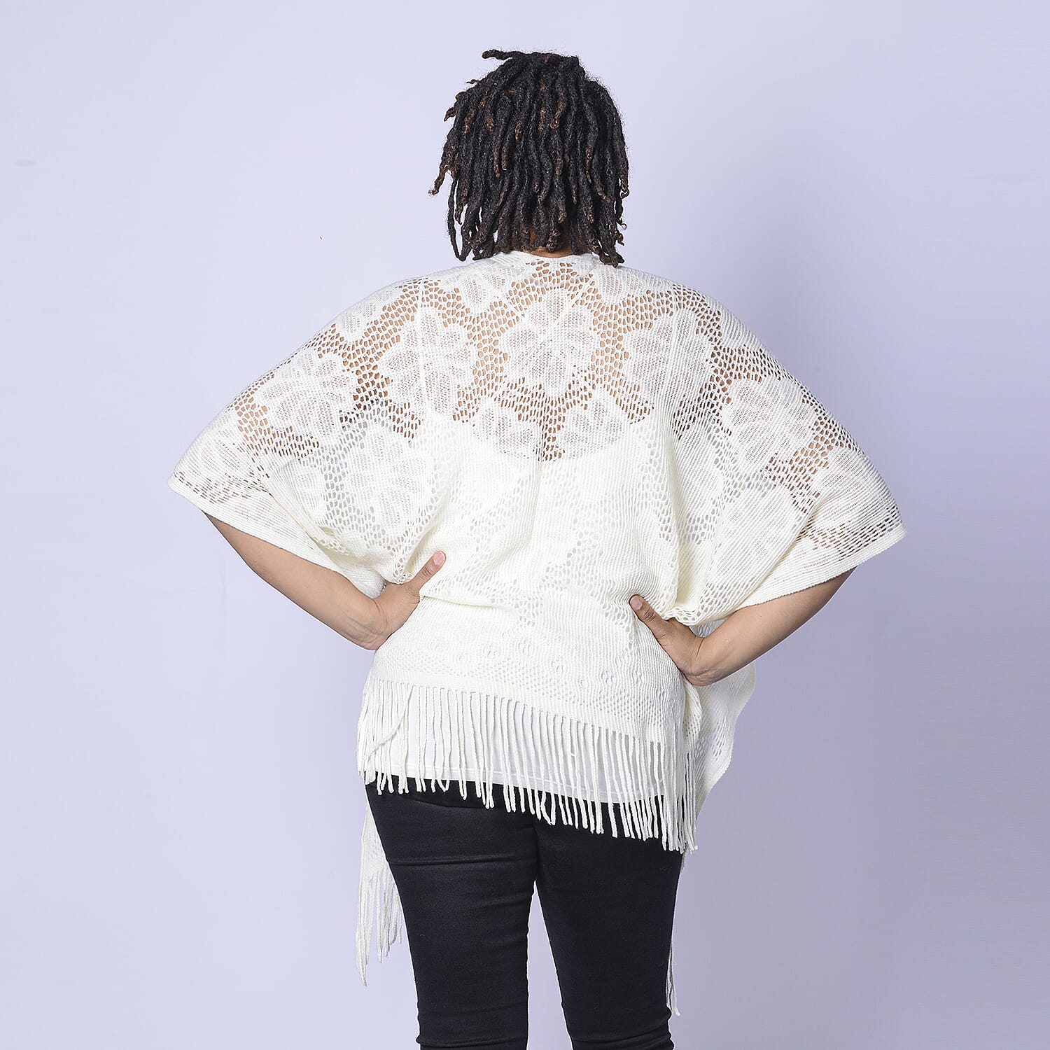 Spring Collection - Solid Cream Colour Hollow Out Poncho with Tassel (Free Size; Length 60Cm)