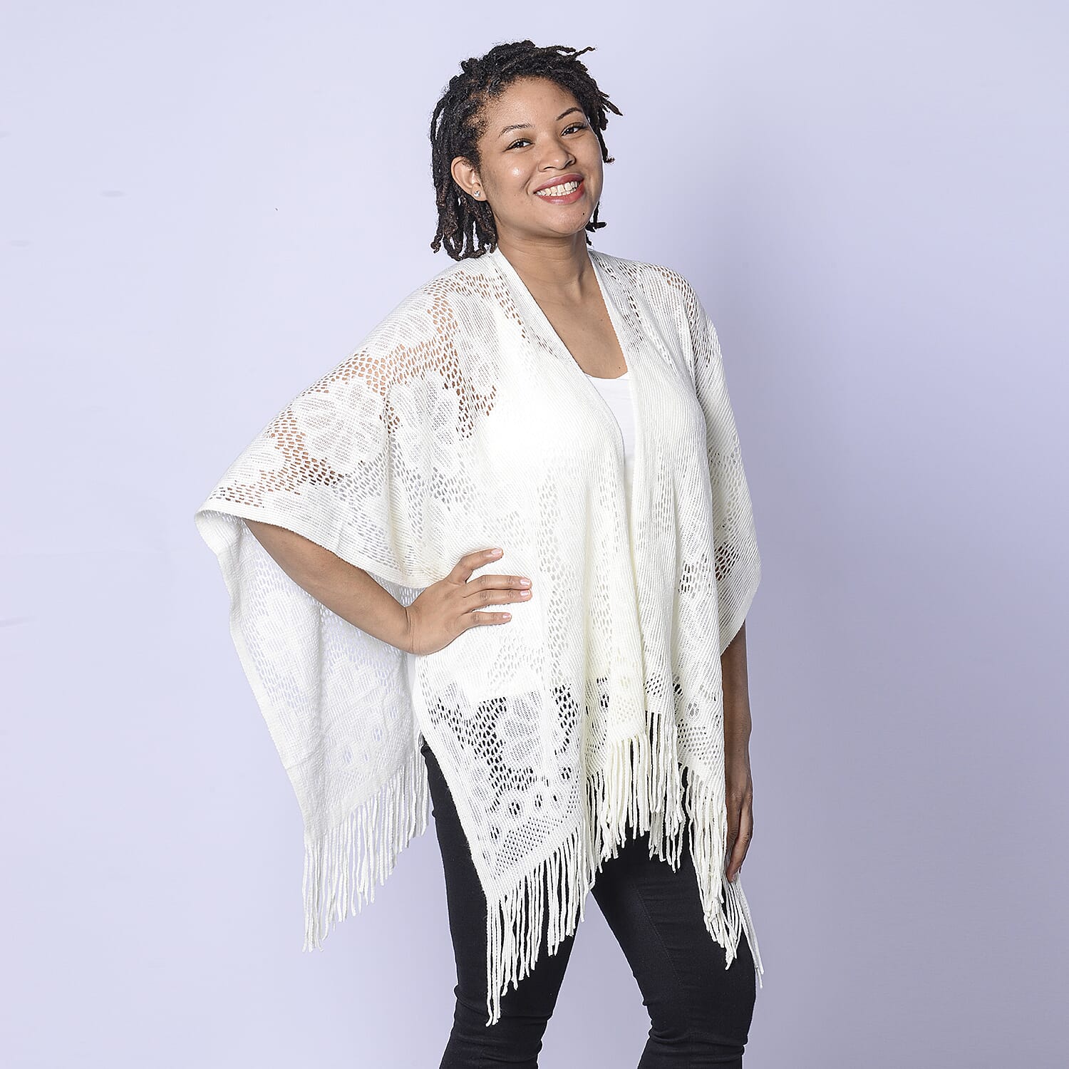 Spring Collection - Solid Cream Colour Hollow Out Poncho with Tassel (Free Size; Length 60Cm)