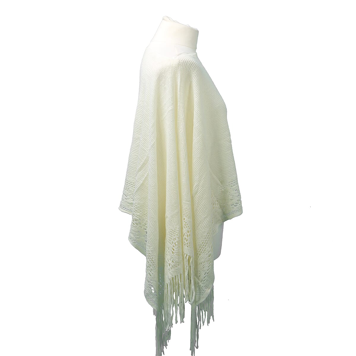 Spring Collection - Solid Cream Colour Hollow Out Poncho with Tassel (Free Size; Length 60Cm)