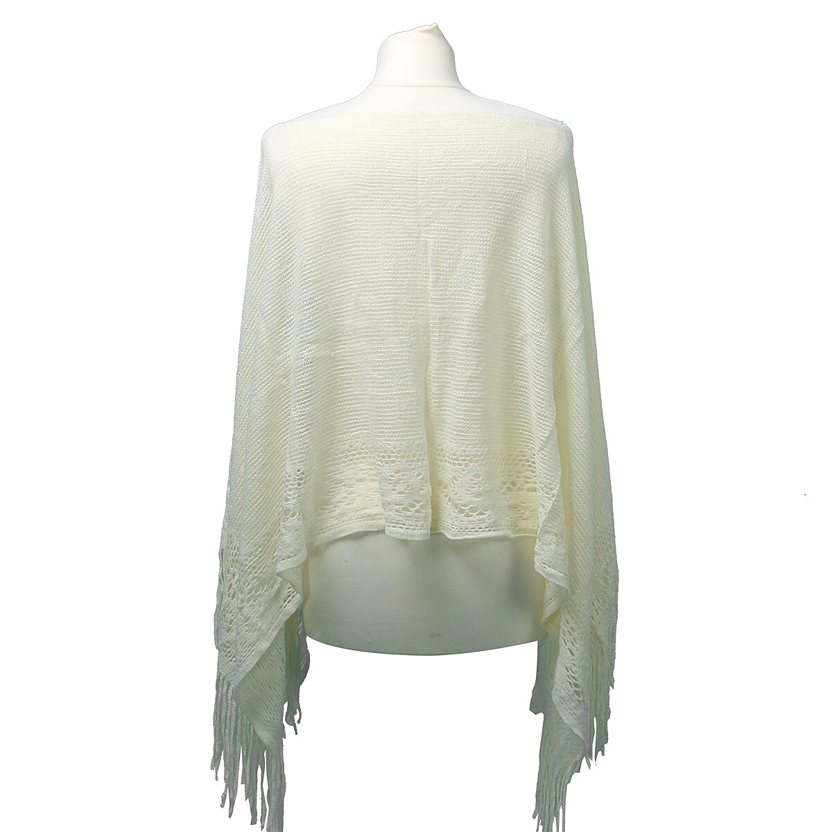 Spring Collection - Solid Cream Colour Hollow Out Poncho with Tassel (Free Size; Length 60Cm)