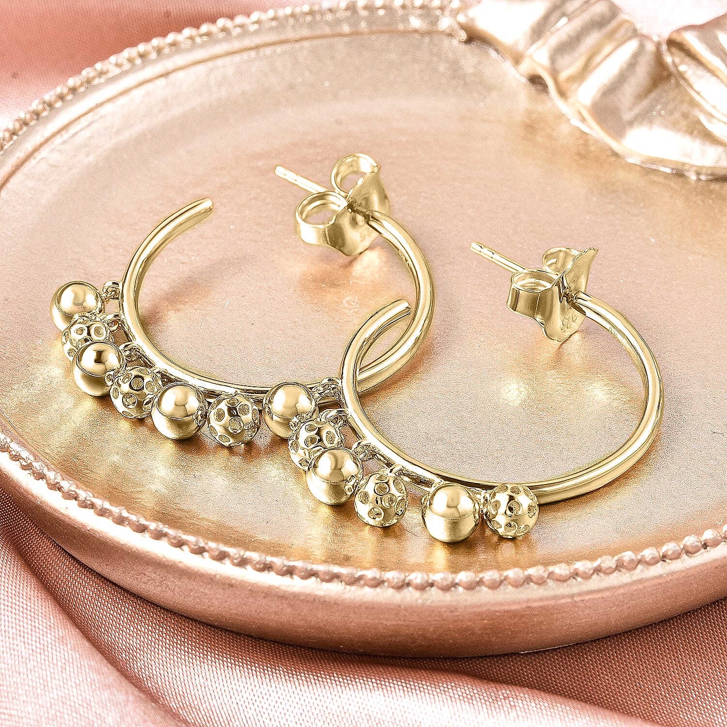 RACHEL GALLEY Bold Lattice Collection - Yellow Gold Overlay Sterling Silver Dangling Lattice Ball Earrings (with Push Back), Silver wt. 8.66 Gms