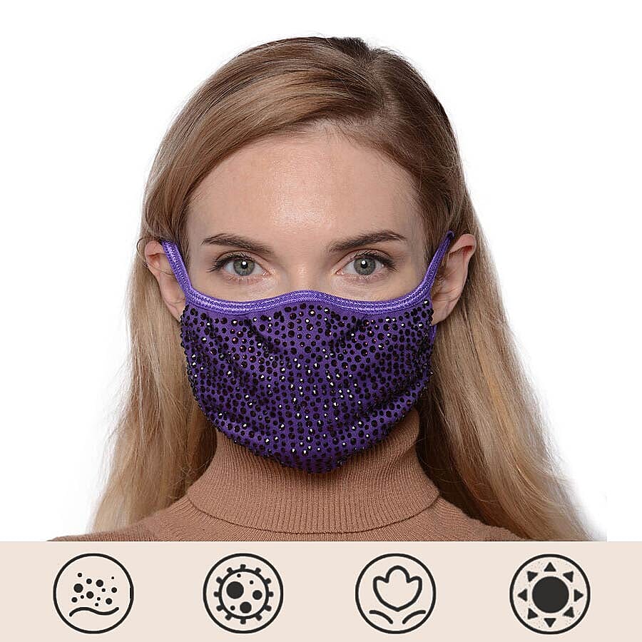 Rhinestone Face Cover with Filter Pocket and Adjustable Ear Button - Purple