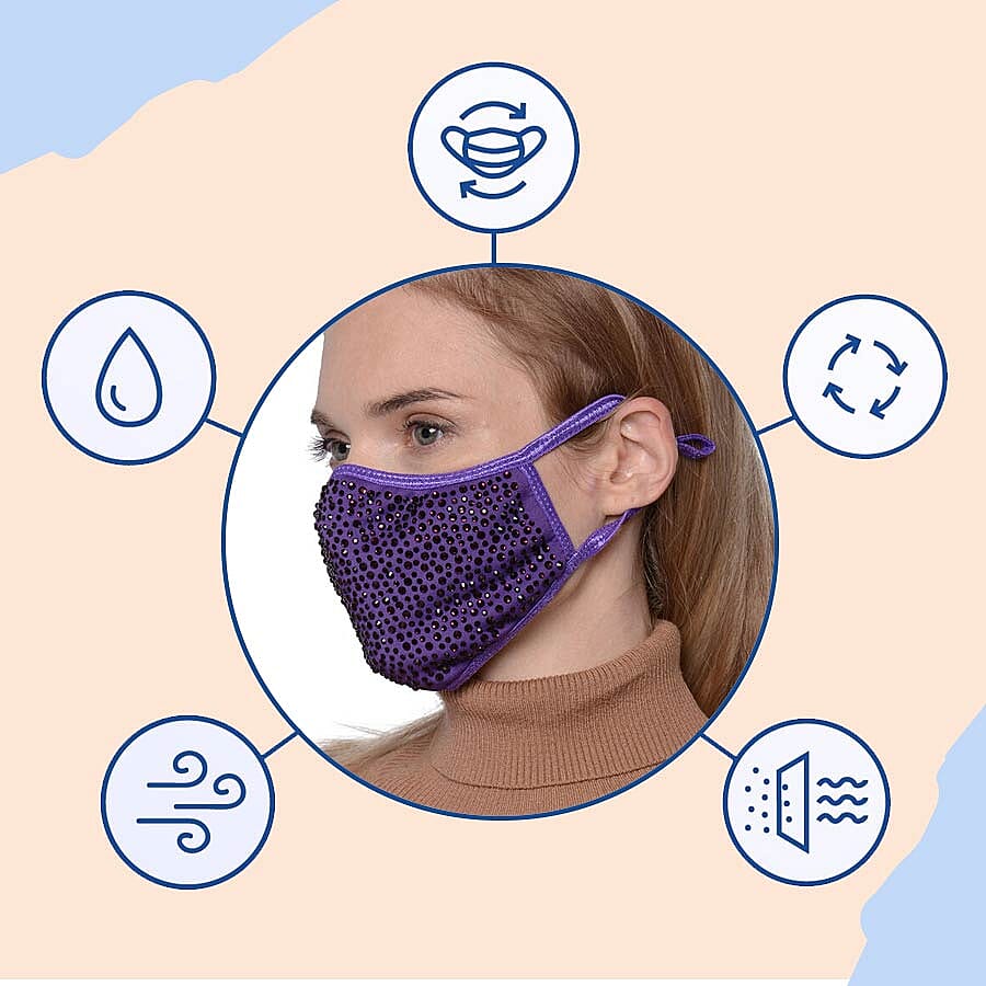 Rhinestone Face Cover with Filter Pocket and Adjustable Ear Button - Purple