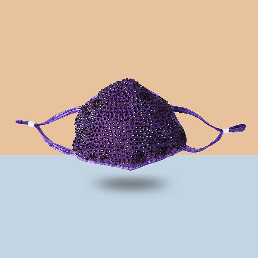 Rhinestone Face Cover with Filter Pocket and Adjustable Ear Button - Purple