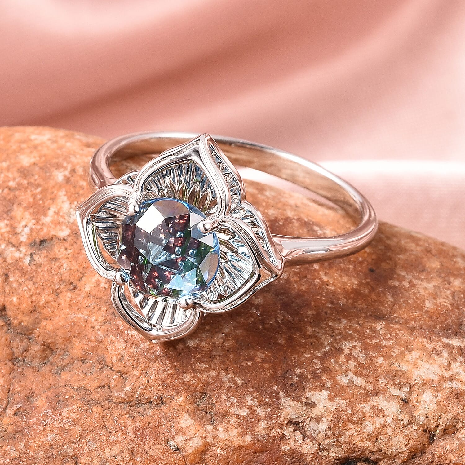 Galatea DavinChi Cut Collection - Blue Topaz, Chrome Diopside and Mozambique Garnet Ring in Rhodium Overlay Sterling Silver 2.12 Ct.