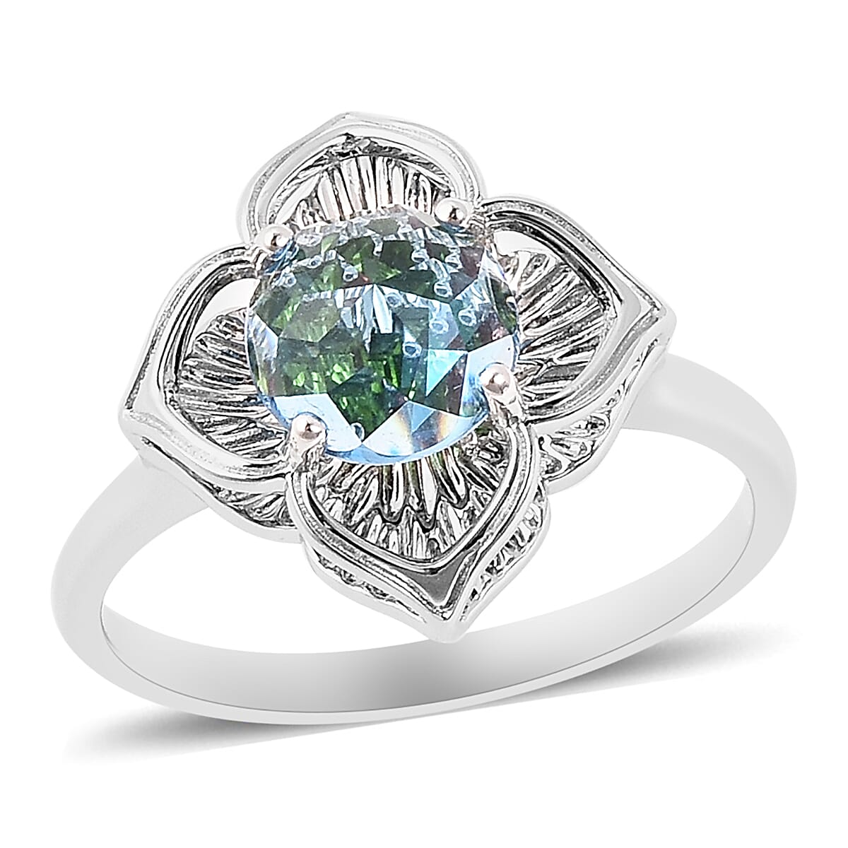 Galatea DavinChi Cut Collection - Blue Topaz, Chrome Diopside and Mozambique Garnet Ring in Rhodium Overlay Sterling Silver 2.12 Ct.