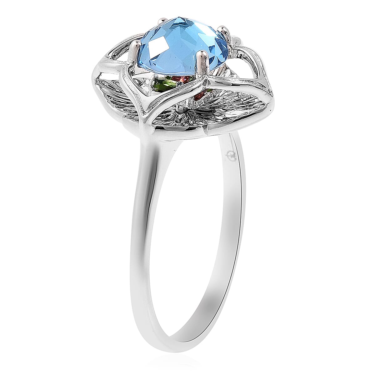 Galatea DavinChi Cut Collection - Blue Topaz, Chrome Diopside and Mozambique Garnet Ring in Rhodium Overlay Sterling Silver 2.12 Ct.