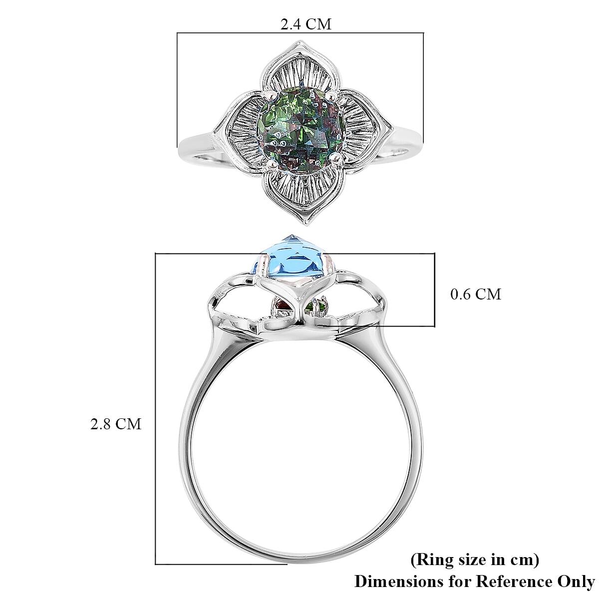 Galatea DavinChi Cut Collection - Blue Topaz, Chrome Diopside and Mozambique Garnet Ring in Rhodium Overlay Sterling Silver 2.12 Ct.