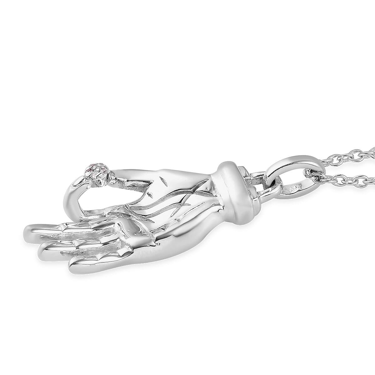 Sundays Child - Diamond Hand Pendant with Chain in Platinum Overlay Sterling Silver