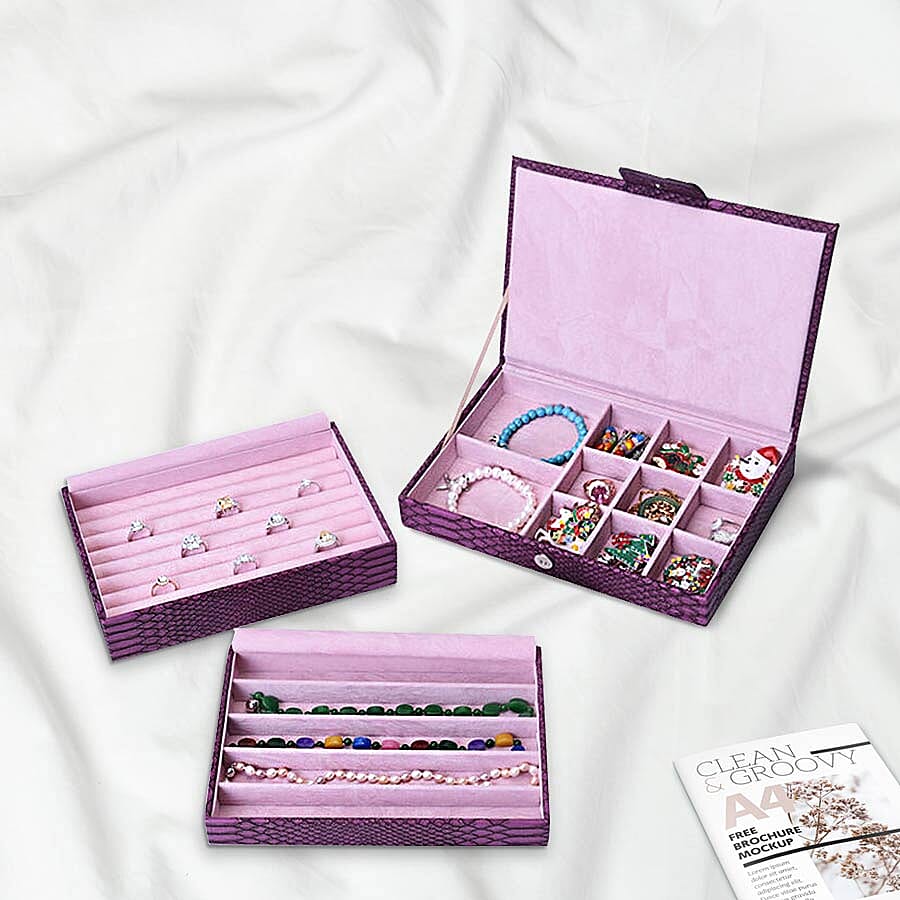 Three-Layer Jewellery Box with Light Pink Velvet Dust Cover on the Second and Third Layer (Size 24.5x17x12cm) - Purple