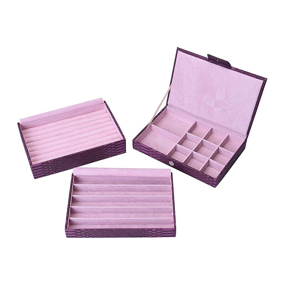 Three-Layer Jewellery Box with Light Pink Velvet Dust Cover on the Second and Third Layer (Size 24.5x17x12cm) - Purple