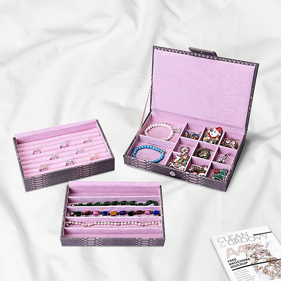 Three-Layer Jewellery Box with Light Pink Velvet Dust Cover on the Second and Third Layer (Size 24.5x17x12cm) - Grey