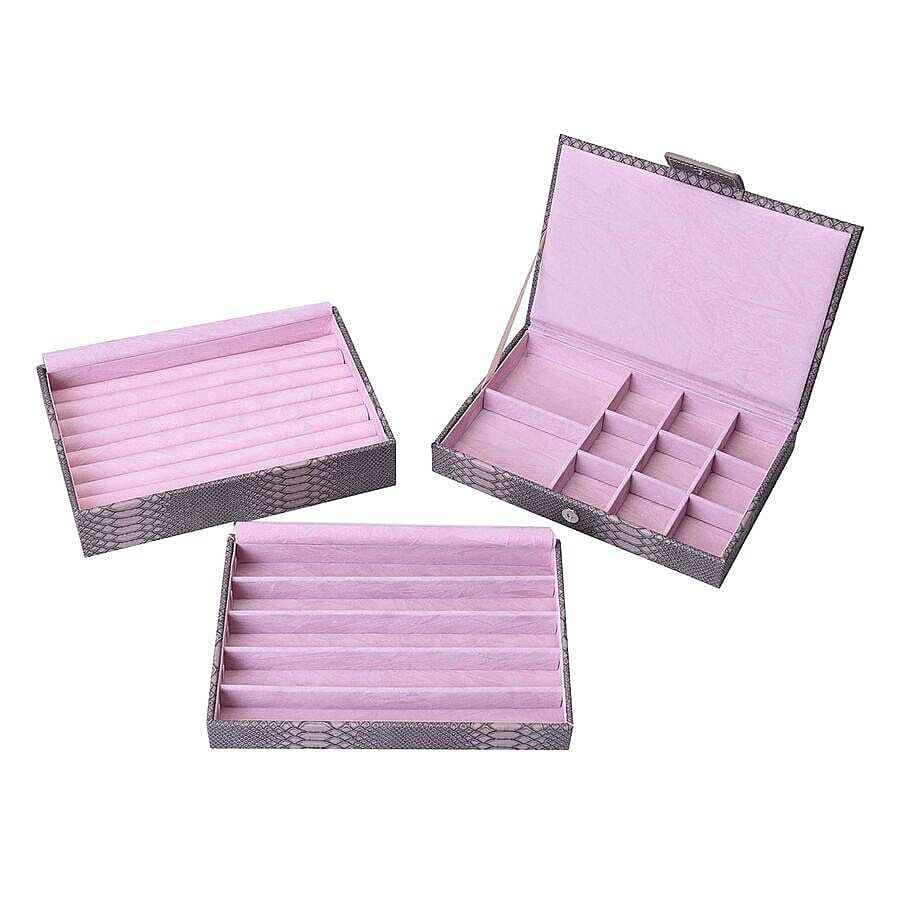 Three-Layer Jewellery Box with Light Pink Velvet Dust Cover on the Second and Third Layer (Size 24.5x17x12cm) - Grey