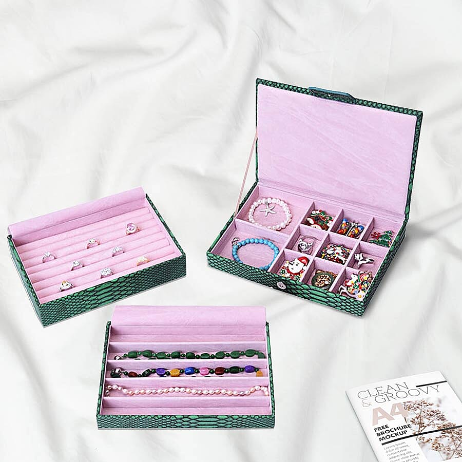 Three- Layer Jewellery Box with Light Pink Velvet Dust Cover on the Second and Third Layer (Size 24.5x17x12cm) - Dark Green