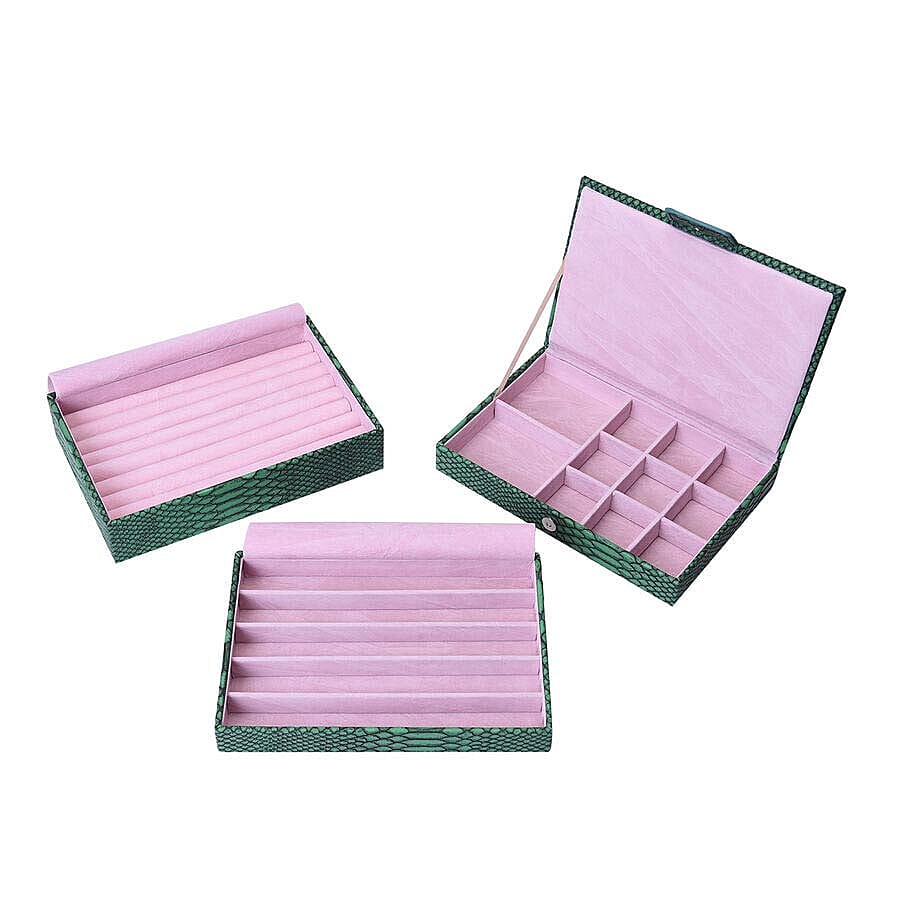 Three- Layer Jewellery Box with Light Pink Velvet Dust Cover on the Second and Third Layer (Size 24.5x17x12cm) - Dark Green