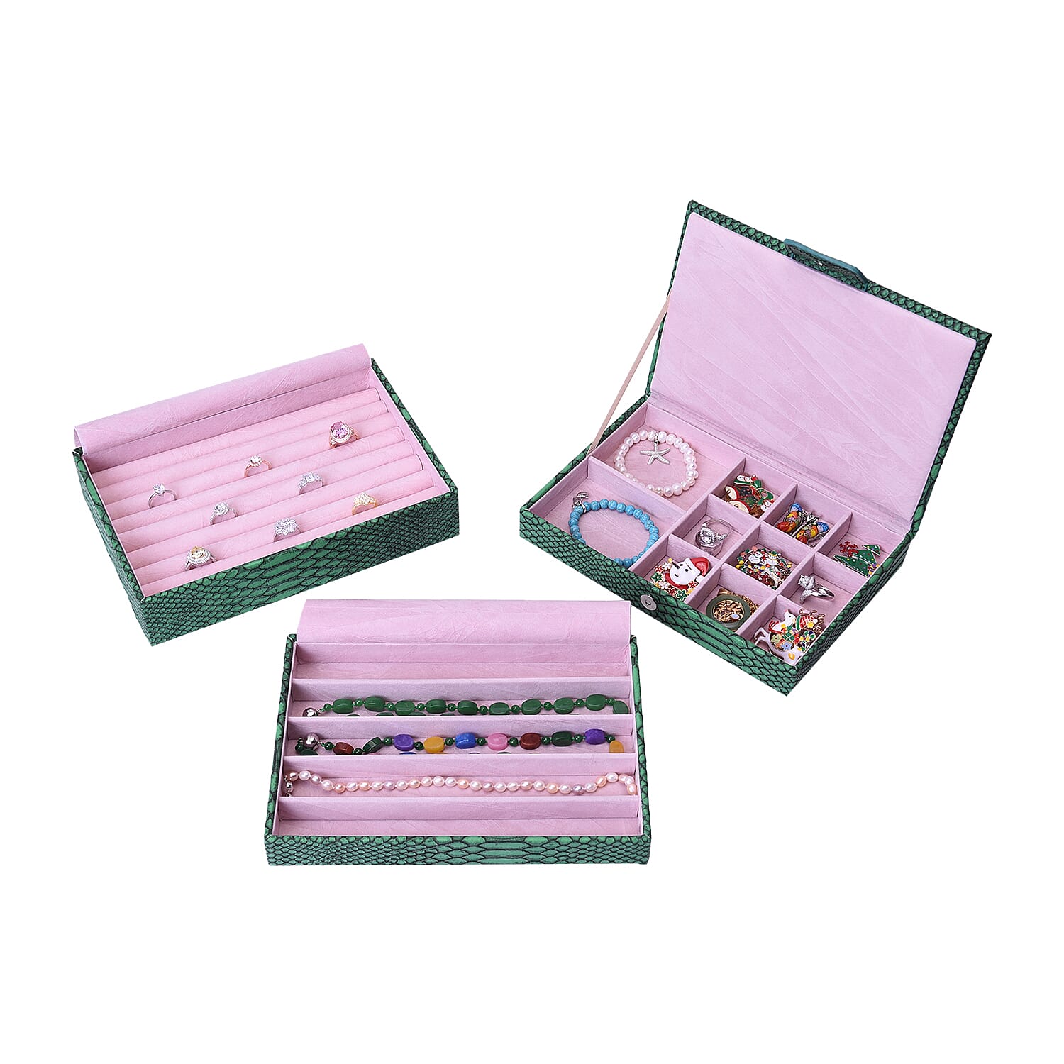 Three- Layer Jewellery Box with Light Pink Velvet Dust Cover on the Second and Third Layer (Size 24.5x17x12cm) - Dark Green