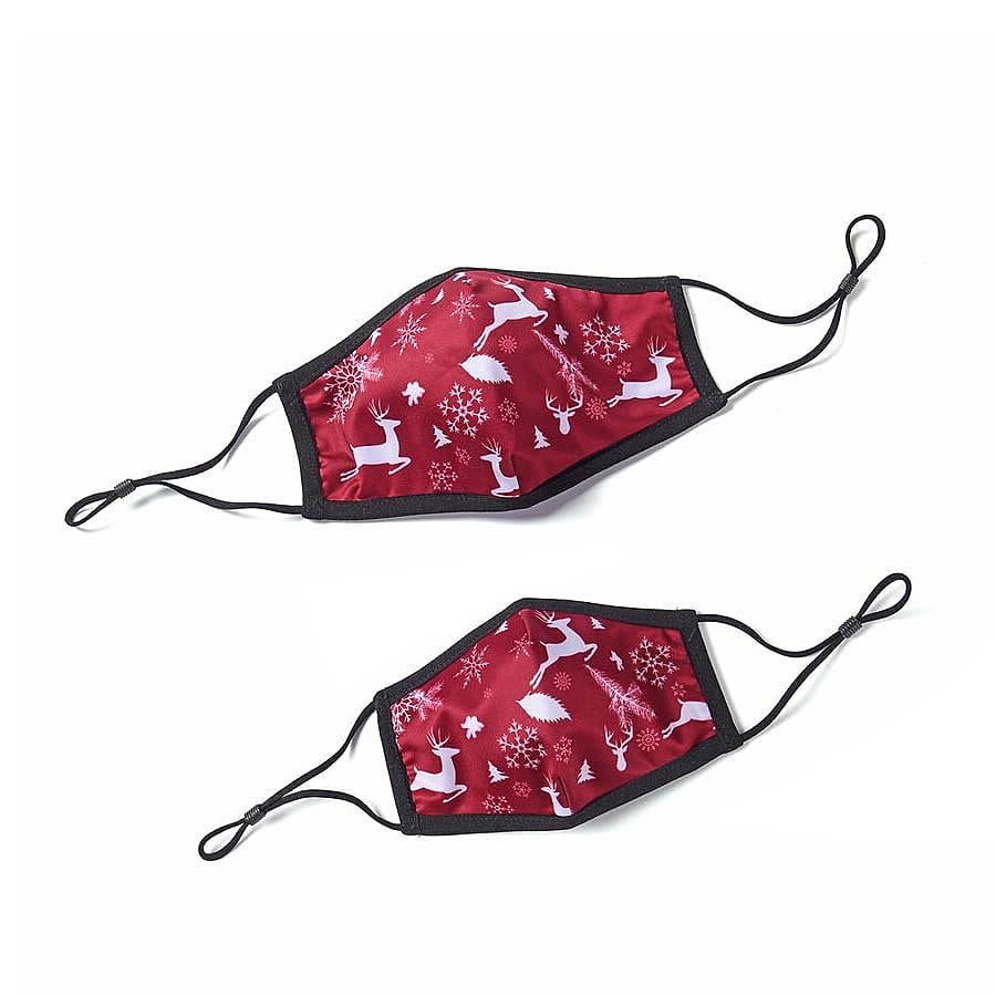 Set of 2 - Christmas Deer and Snow 100% Cotton Face Covering with Filter (Adult and Kid) - Burgundy