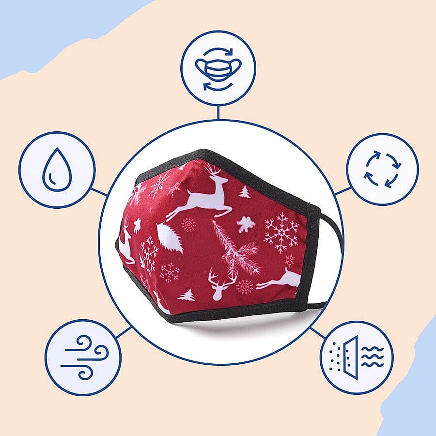 Set of 2 - Christmas Deer and Snow 100% Cotton Face Covering with Filter (Adult and Kid) - Burgundy