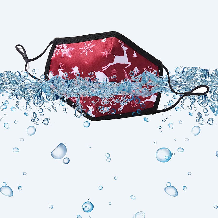 Set of 2 - Christmas Deer and Snow 100% Cotton Face Covering with Filter (Adult and Kid) - Burgundy