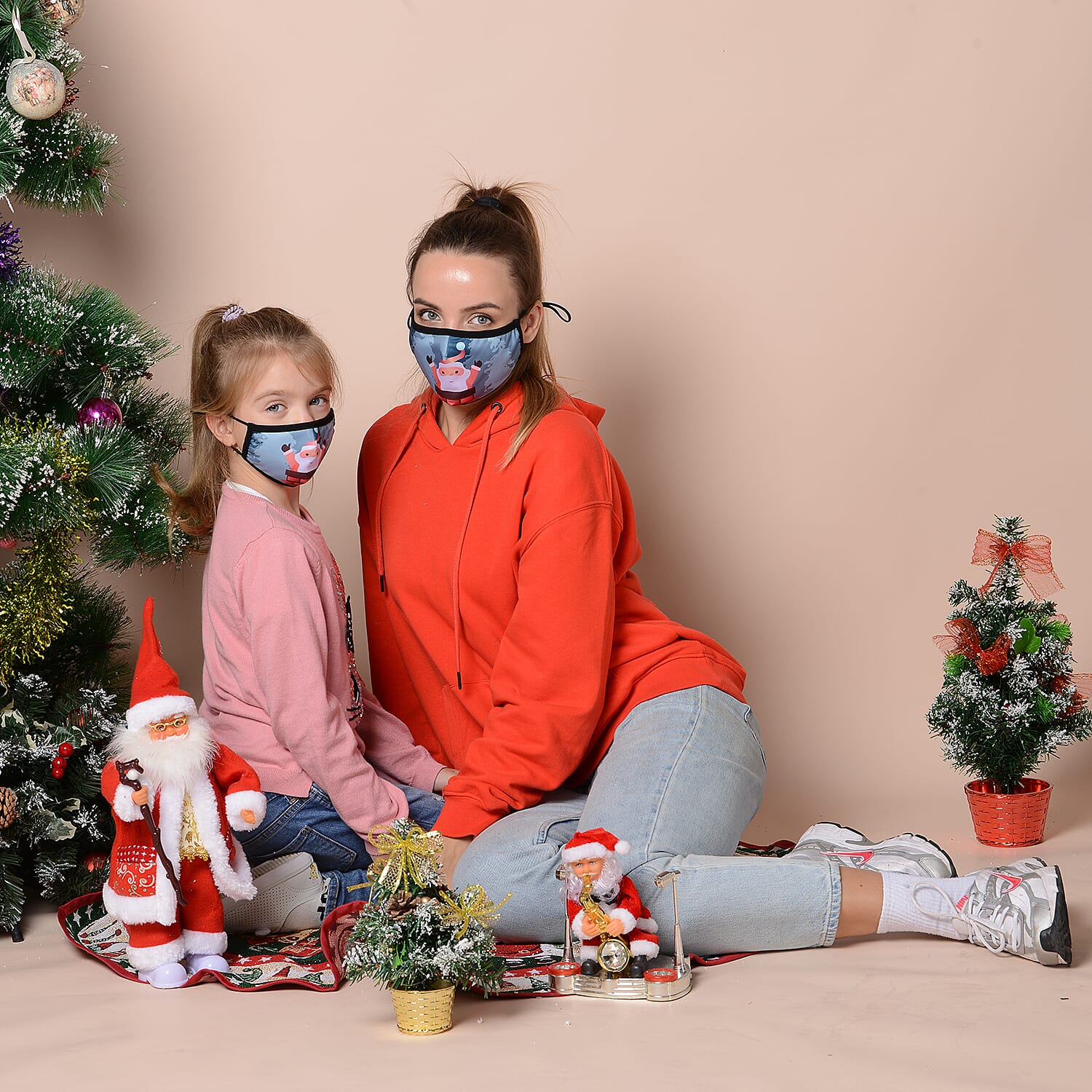 Set of 2 - Christmas Deer and Snow 100% Cotton Face Covering with Filter (Adult and Kid) - Teal