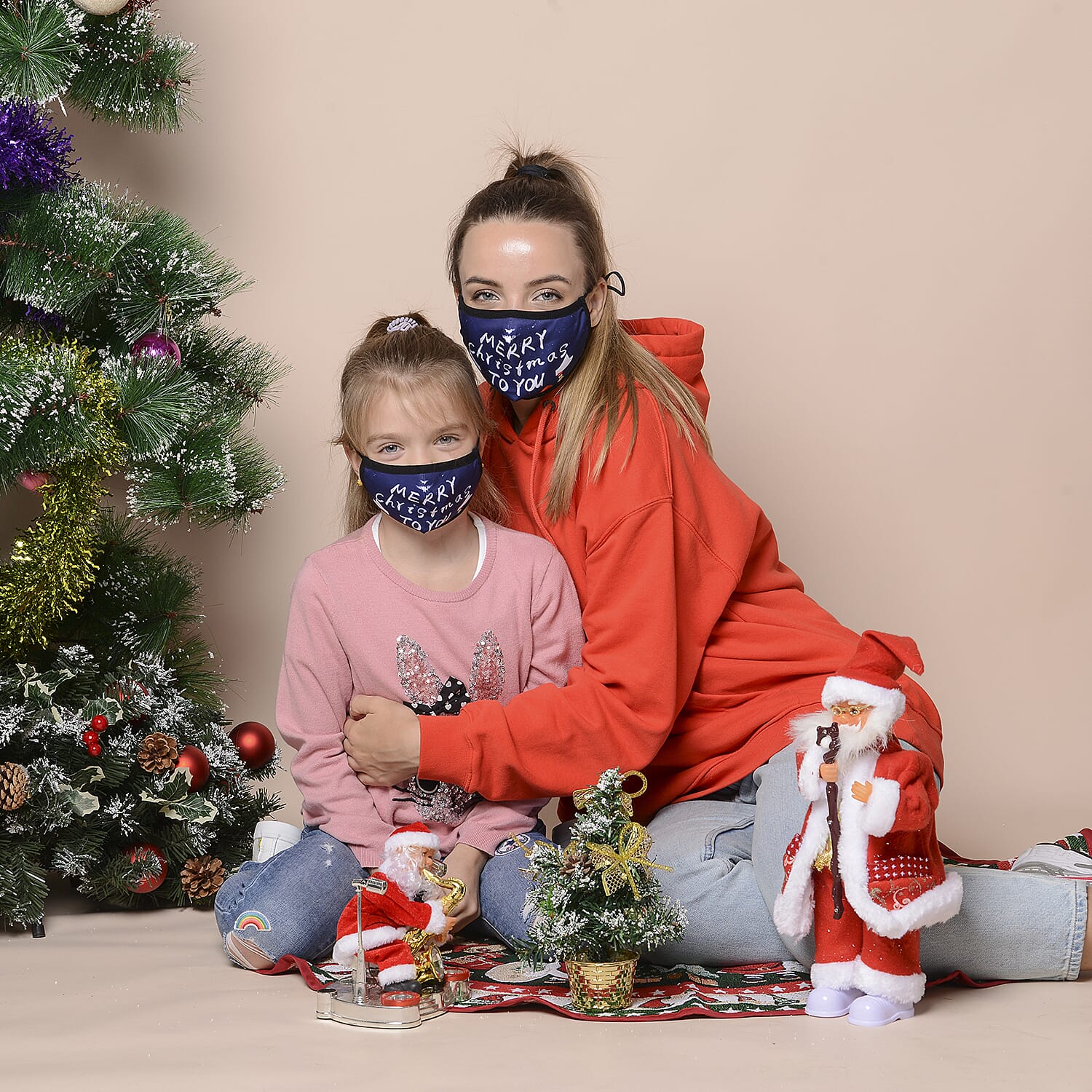 Set of 2 - Christmas Print 100%  Cotton Face Covering with Filter (Adult and Child) - Navy