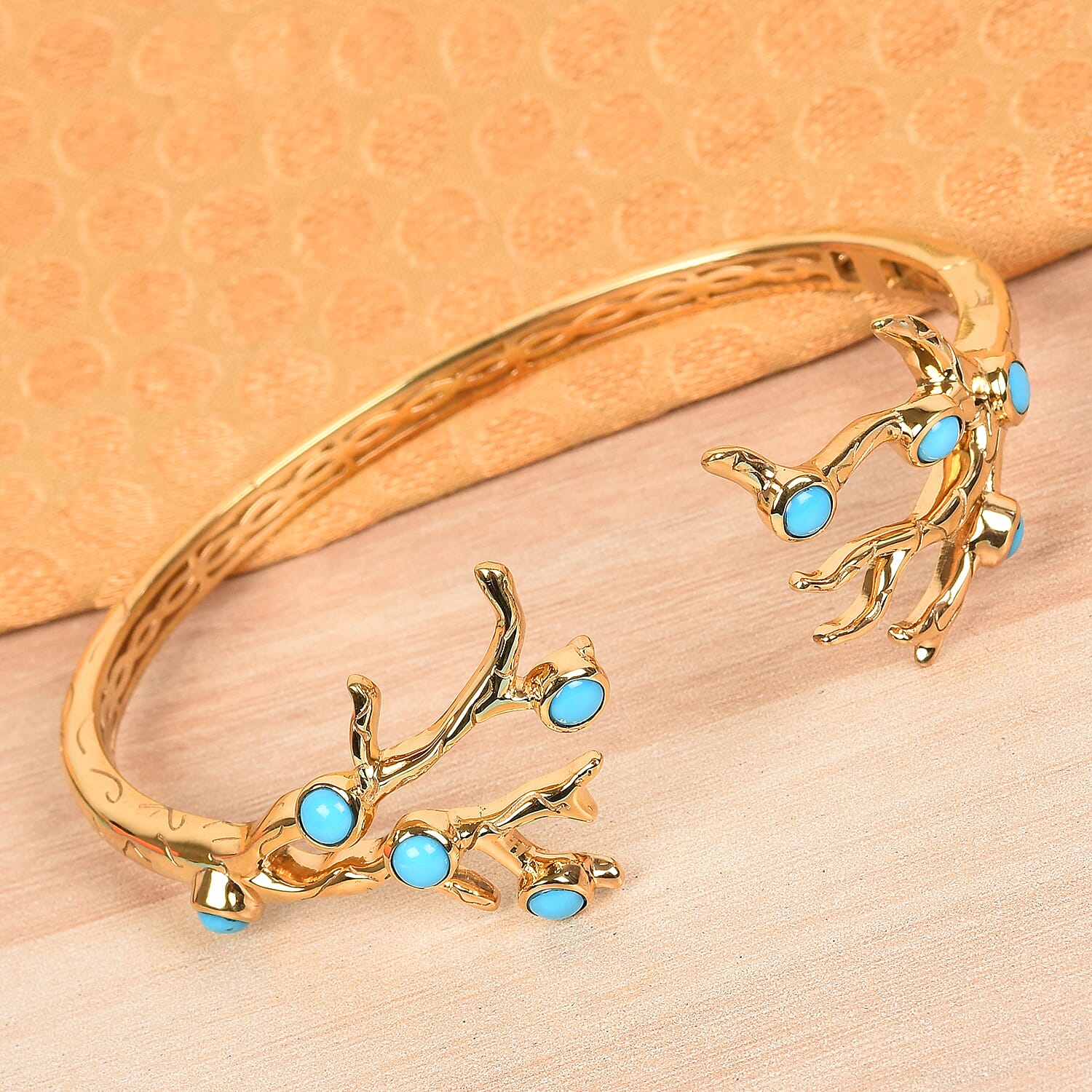 Sundays Child - Arizona Sleeping Beauty Turquoise Bangle (Size 7.5 with Hinge) in 14K Gold Overlay Sterling Silver 2.50 Ct, Silver wt. 28.02 Gms