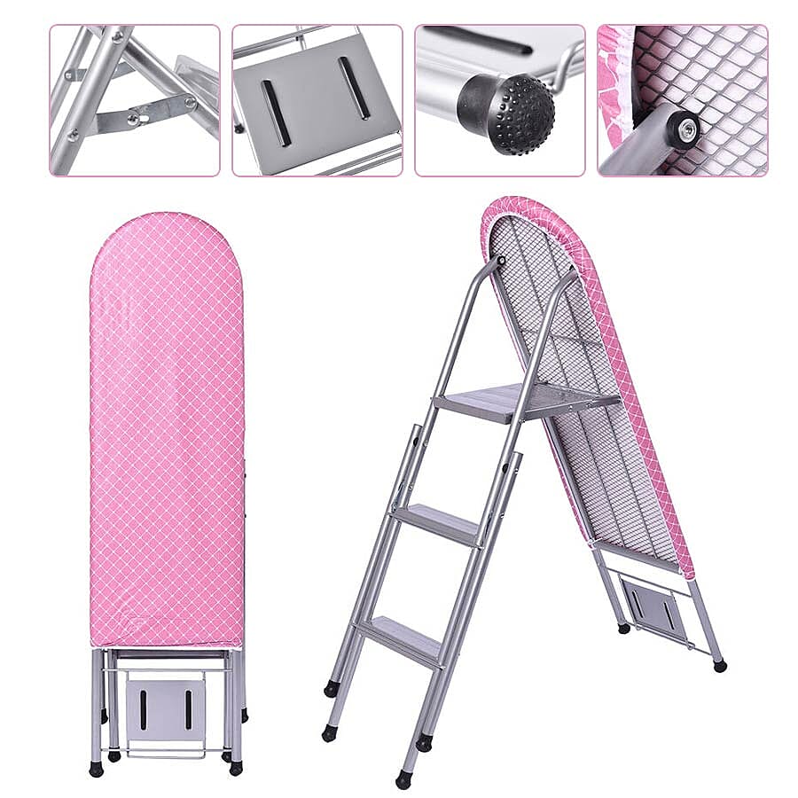 Multi-function Foldable Ironing Board with Step Ladder - Pink (Folding Size: 96x34cm) (Open Size: 125x34x85)