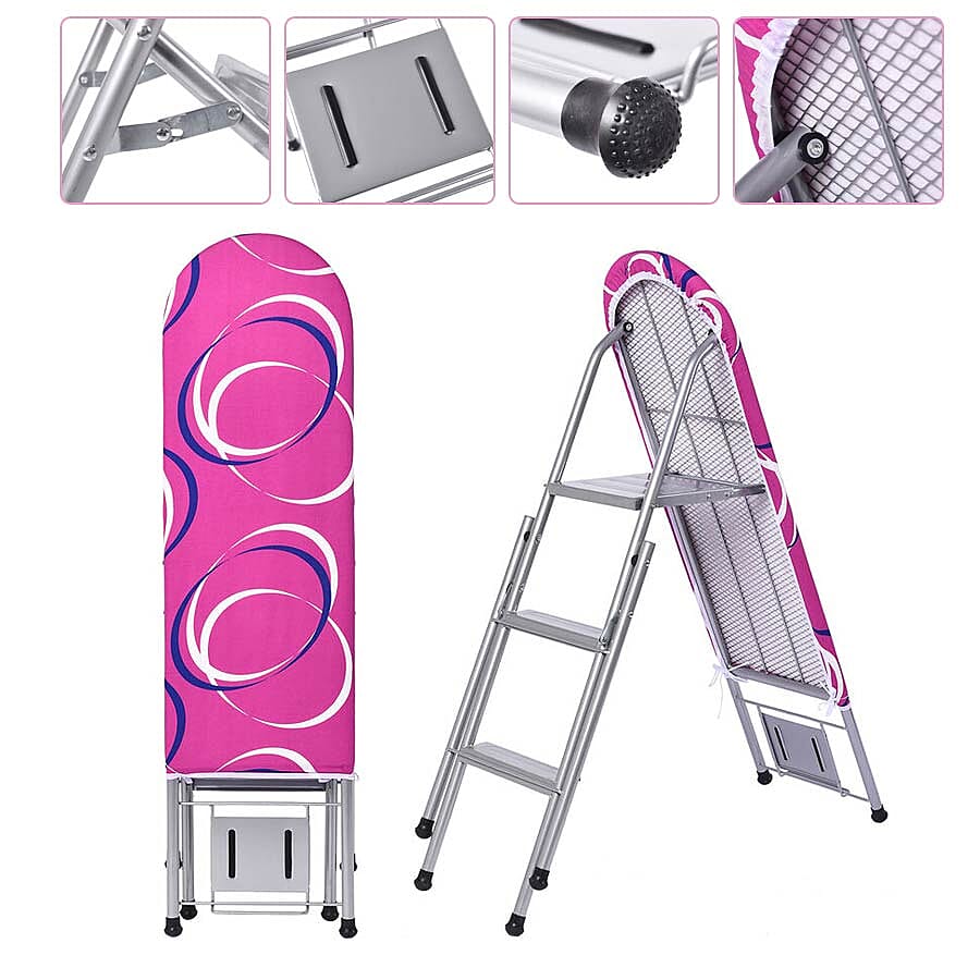 Multi-function Foldable Ironing Board with Step Ladder - Rose Pink & White (Folding Size: 96x34cm) (Open Size: 125x34x85)