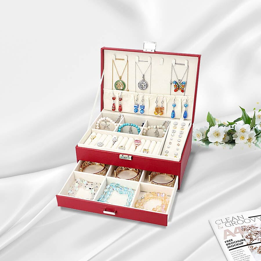 Two-Layer Burgundy Jewellery Box with Multiple Compartments and Lock & Key (Size 27x19x10.5cm)