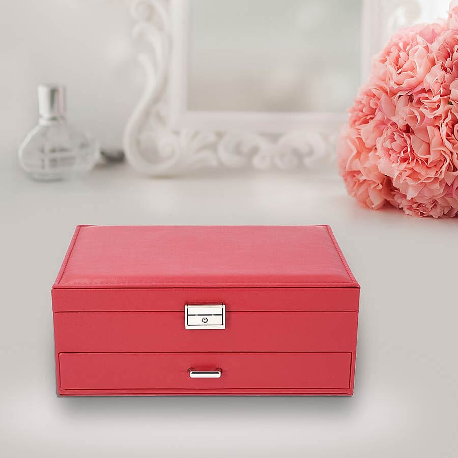 Two-Layer Burgundy Jewellery Box with Multiple Compartments and Lock & Key (Size 27x19x10.5cm)
