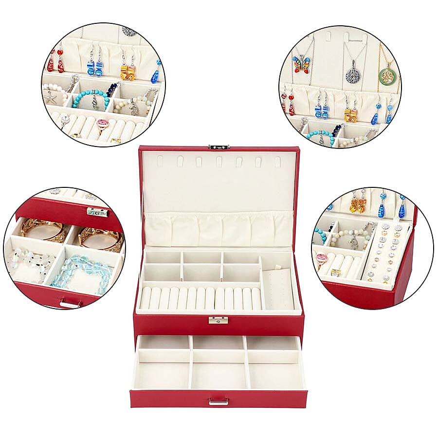 Two-Layer Burgundy Jewellery Box with Multiple Compartments and Lock & Key (Size 27x19x10.5cm)