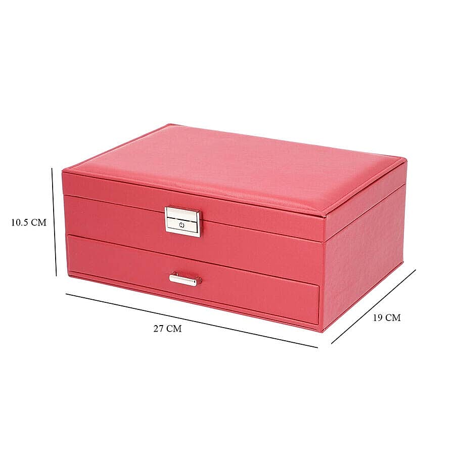 Two-Layer Burgundy Jewellery Box with Multiple Compartments and Lock & Key (Size 27x19x10.5cm)