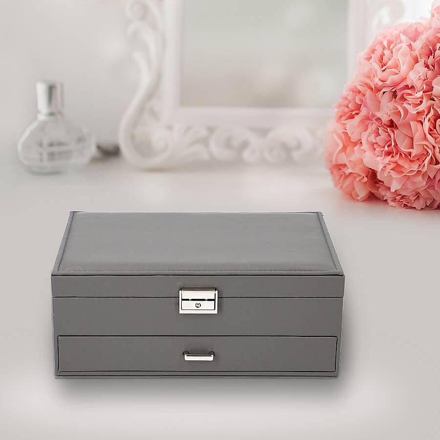 Two-Layer Grey Jewellery Box with Multiple Compartments and Lock & Key (Size 27x19x10.5cm)
