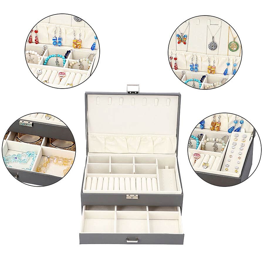 Two-Layer Grey Jewellery Box with Multiple Compartments and Lock & Key (Size 27x19x10.5cm)