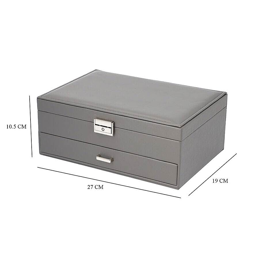 Two-Layer Grey Jewellery Box with Multiple Compartments and Lock & Key (Size 27x19x10.5cm)