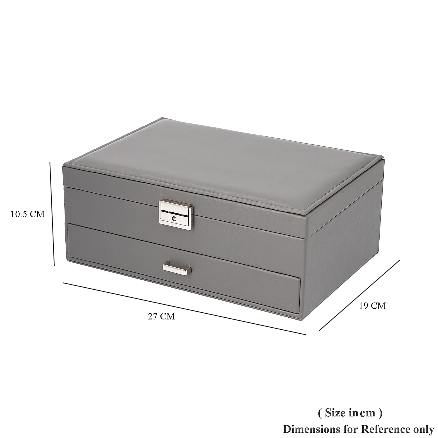 Two-Layer Grey Jewellery Box with Multiple Compartments and Lock & Key (Size 27x19x10.5cm)