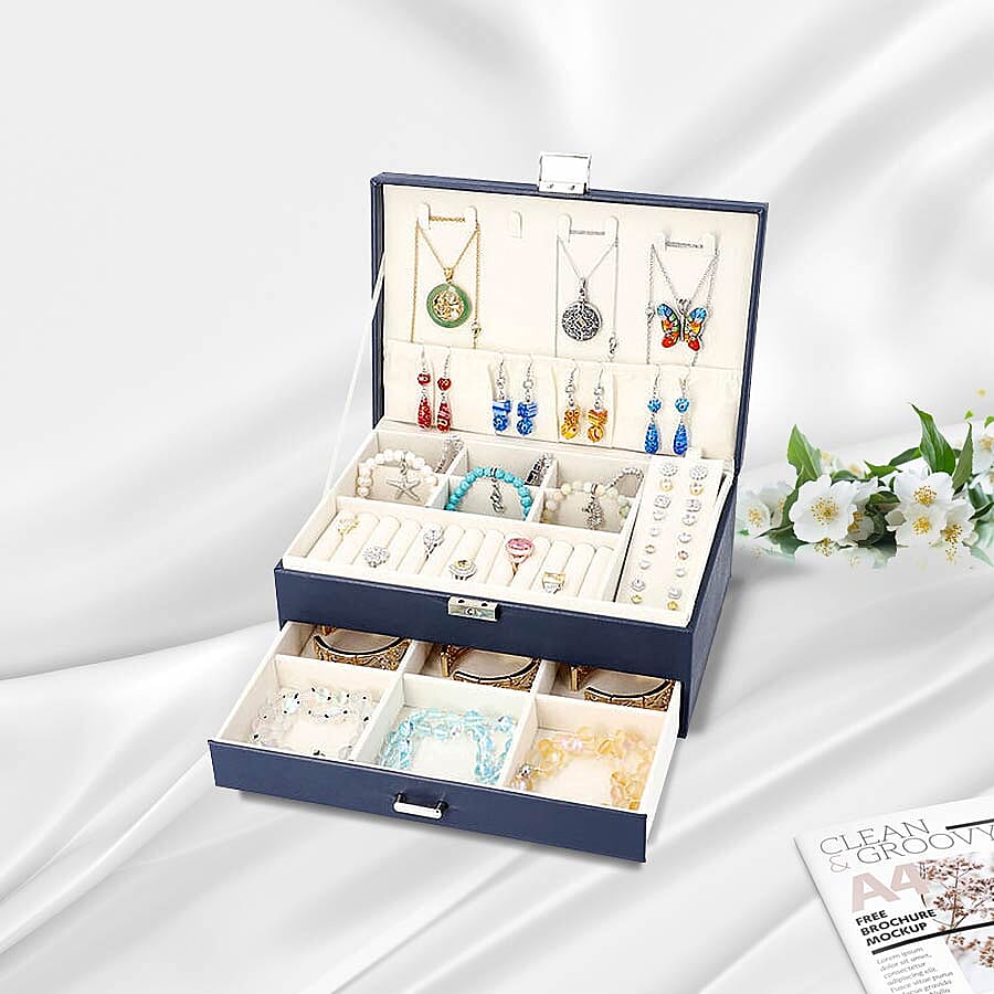 Two-Layer Navy Jewellery Box with Multiple Compartments and Lock & Key (Size 27x19x10.5cm)