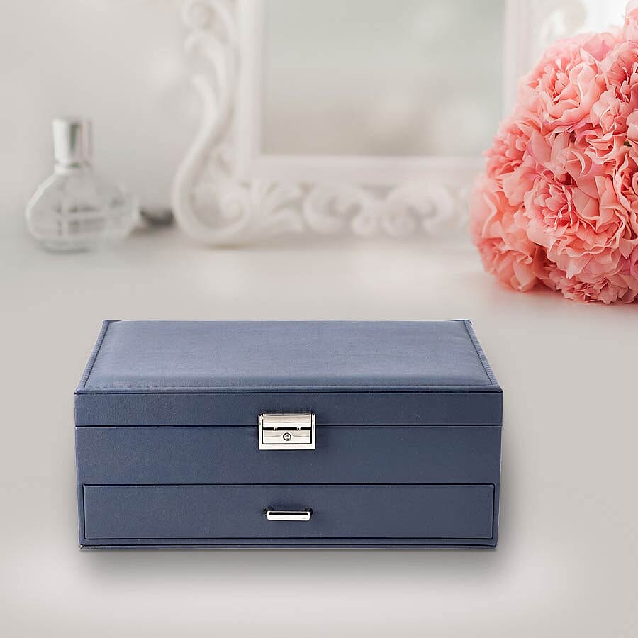Two-Layer Navy Jewellery Box with Multiple Compartments and Lock & Key (Size 27x19x10.5cm)