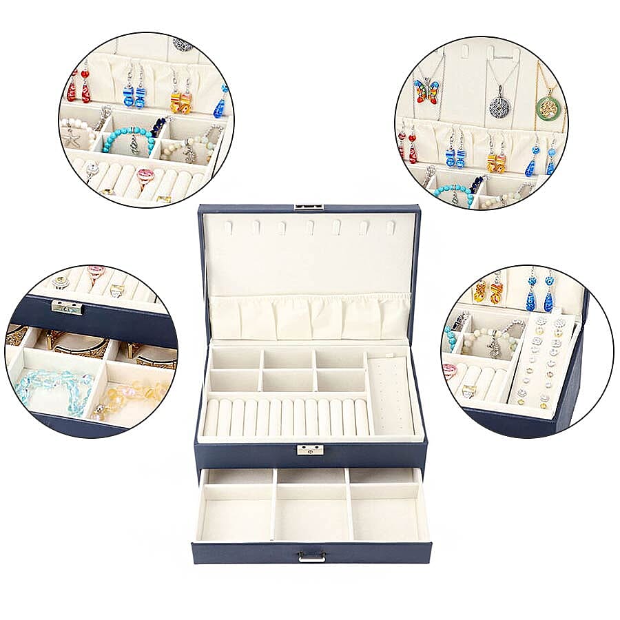 Two-Layer Navy Jewellery Box with Multiple Compartments and Lock & Key (Size 27x19x10.5cm)
