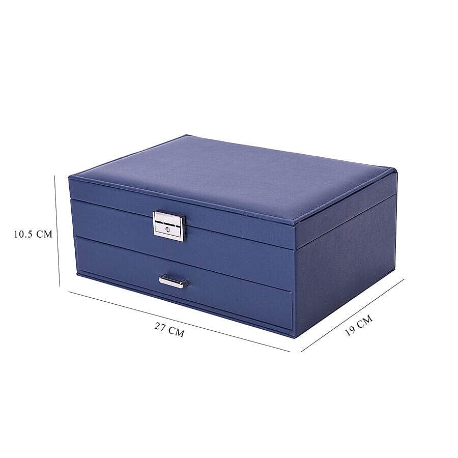 Two-Layer Navy Jewellery Box with Multiple Compartments and Lock & Key (Size 27x19x10.5cm)