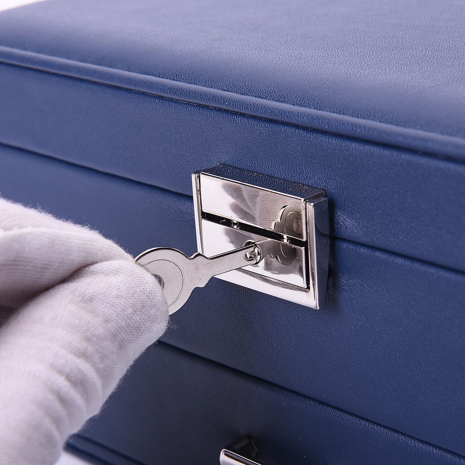 Two-Layer Navy Jewellery Box with Multiple Compartments and Lock & Key (Size 27x19x10.5cm)