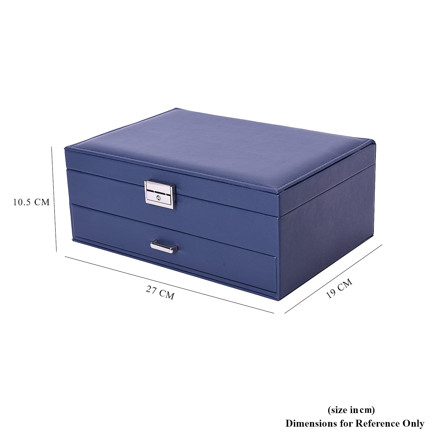 Two-Layer Navy Jewellery Box with Multiple Compartments and Lock & Key (Size 27x19x10.5cm)