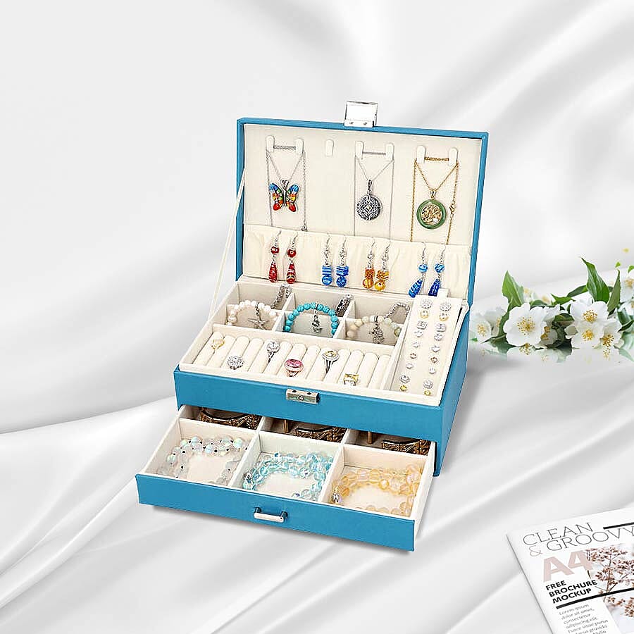 Two-Layer Teal Blue Jewellery Box with Multiple Compartments and Lock & Key (Size 27x19x10.5cm)
