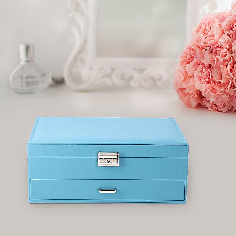 Two-Layer Teal Blue Jewellery Box with Multiple Compartments and Lock & Key (Size 27x19x10.5cm)
