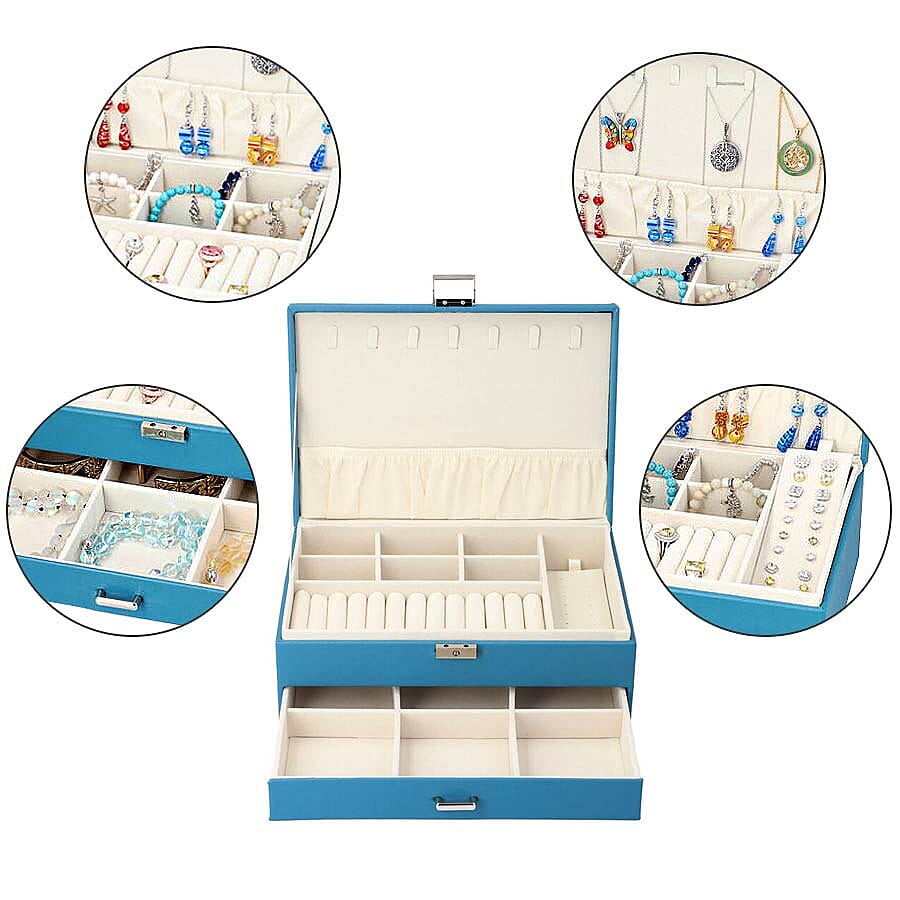 Two-Layer Teal Blue Jewellery Box with Multiple Compartments and Lock & Key (Size 27x19x10.5cm)