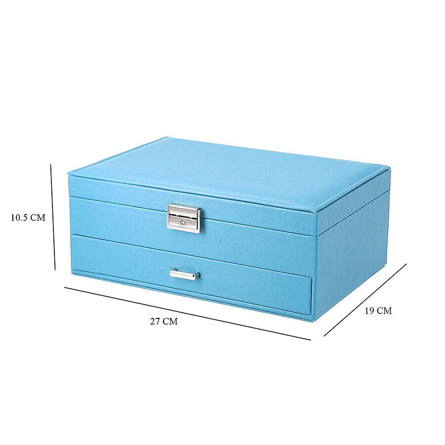 Two-Layer Teal Blue Jewellery Box with Multiple Compartments and Lock & Key (Size 27x19x10.5cm)