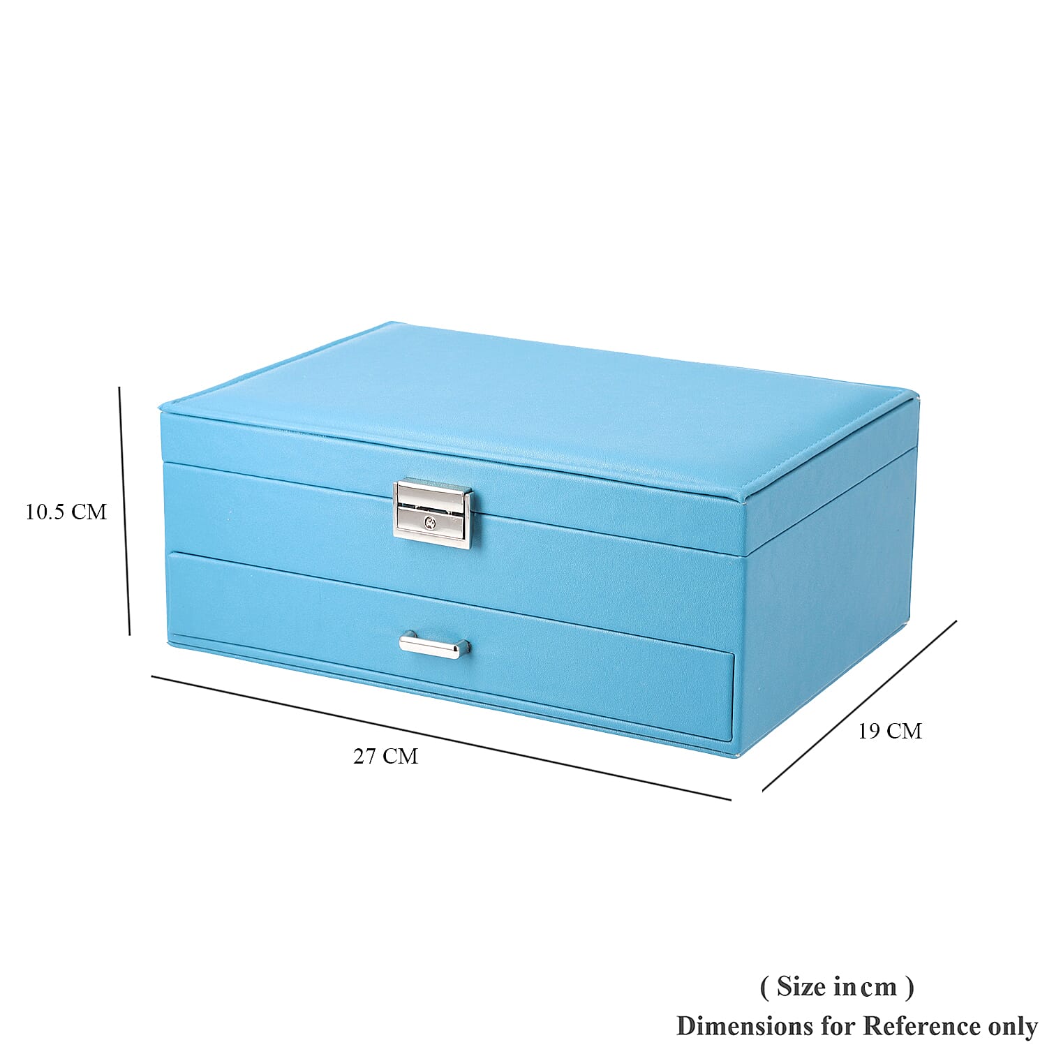 Two-Layer Teal Blue Jewellery Box with Multiple Compartments and Lock & Key (Size 27x19x10.5cm)