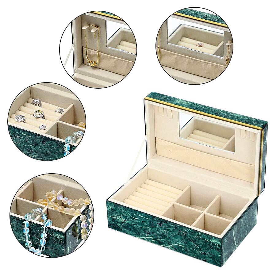Malachite Gemstone Jewellery Storage Box with Golden Rim and Inside Mirror (Size 21x13x8.5 cm)